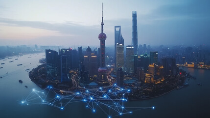 Naklejka premium Smart digital Innovation city with connection network reciprocity over the twilight cityscape. of future smart wireless digital city and social media networking systems that connects people with city 
