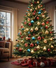 Decorated Christmas tree with ornaments and lights , holiday, magical ambiance, winter wonderland