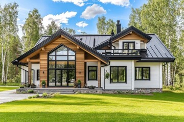 Fototapeta premium This contemporary house features expansive windows that invite abundant natural light, beautifully complemented by stunning landscaping, all set against a tranquil natural backdrop.