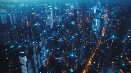 Smart digital Innovation city with connection network reciprocity over the twilight cityscape. of future smart wireless digital city and social media networking systems that connects people with city
