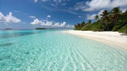 Fototapeta premium Crystal clear turquoise water lapping at the shore of a stunning tropical island, waves, turquoise