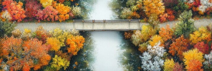 Naklejka premium Autumnal Bridge Over Pathway Through Colorful Forest