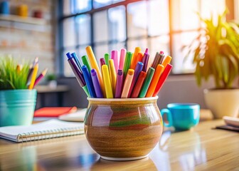 Soft-Lit Colorful Pens in Ceramic Pot - Drone Aerial Office Desk Photography