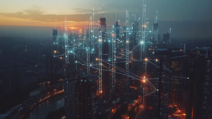 Fototapeta premium Smart digital Innovation city with connection network reciprocity over the twilight cityscape. of future smart wireless digital city and social media networking systems that connects people with city 