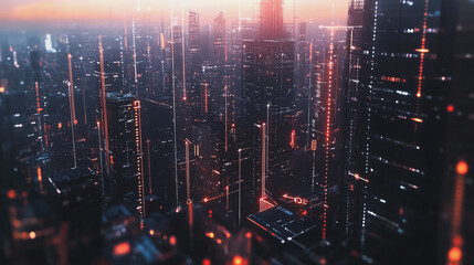 Fototapeta premium Smart digital Innovation city with connection network reciprocity over the twilight cityscape. of future smart wireless digital city and social media networking systems that connects people with city 