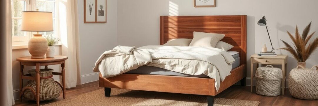 Cozy bedroom with box spring bed and natural textiles, calming atmosphere, peaceful, serenity