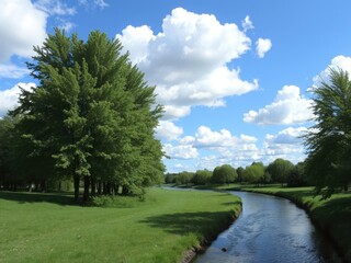cotton like clouds in the blue sky with trees and a meandering stream, soft white clouds, gentle breeze