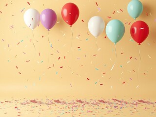 Confetti scattered on a beige background with balloons floating in air, party decorations, beige background, confetti