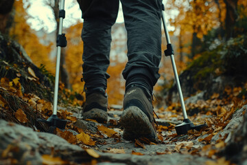 Close-up of a hiker's boots on an autumn forest trail.