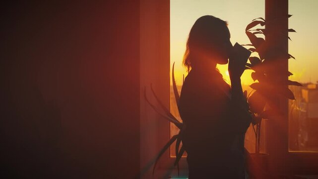 silhouette person standing in dark room by window sunset warm orange sky, woman holds cup of tea hot drink in hands. magic sun light rays dawn sunrise morning scane. Girl drinks coffee enjoys taste