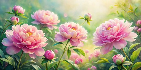 Fototapeta premium Soft Pink Watercolor Peony Blooms Landscape, Floral Nature Painting, Spring Garden Art