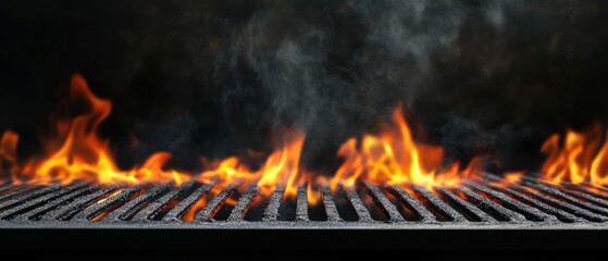 A close-up of a grill with flames and smoke, ready for cooking.