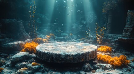 Sunken City Stage: An underwater scene with sunbeams piercing through the water, illuminating a circular stone platform amidst ancient ruins and vibrant coral.
