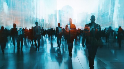 Virtual social network concept with group of business people on abstract digital bright technology background, double exposure