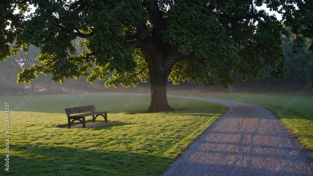 Poster morning sunlight filtering through large tree with bench and winding path in serene park. peaceful n