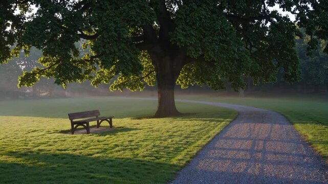 Morning sunlight filtering through large tree with bench and winding path in serene park. Peaceful nature and relaxation concept
