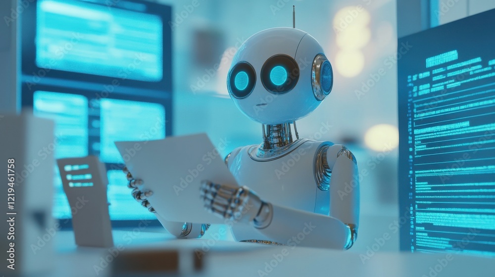 Poster humanoid robot analyzing information in concept of stock by machine learning process for 4th/4th ind