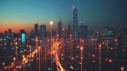 Smart digital Innovation city with connection network reciprocity over the twilight cityscape. of future smart wireless digital city and social media networking systems that connects people with city
