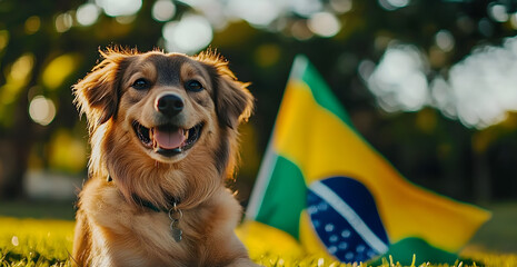 Adorable Dog with Brazilian Flag Outdoors on a Sunny Day Perfect for National Celebrations and PetThemed Designs