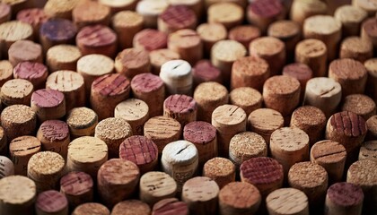 A captivating display of an array of unique wine corks closely arranged, their textures and colors contrasting beautifully. This composition highlights the rustic charm found in winemaking essentials