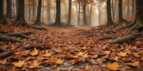 Obraz premium Forest floor covered with a thick layer of fallen brown leaves, deciduous trees, woodland environment