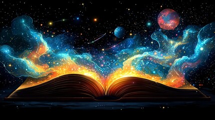 open book sits on dark table emanating radiant glow. From its pages stunning stream of galaxies planets and stars flows upward creating mesmerizing cosmic spectacle.