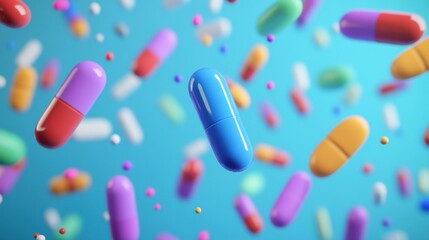Colorful pills and capsules scattered on a blue background.