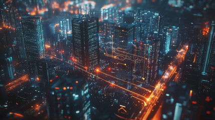 Fototapeta premium Smart digital Innovation city with connection network reciprocity over the twilight cityscape. of future smart wireless digital city and social media networking systems that connects people with city 