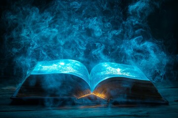 open book emanates misty glow as shadowy figures and radiant lanterns materialize from its pages. atmosphere is filled intrigue and wonder inviting exploration of its secrets.