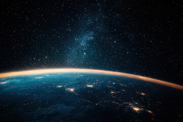 A mesmerizing view of Earth at night with glowing city lights and stars.