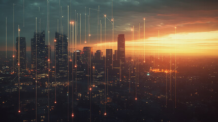 Fototapeta premium Smart digital Innovation city with connection network reciprocity over the twilight cityscape. of future smart wireless digital city and social media networking systems that connects people with city 