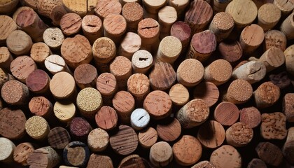 A colorful array of wine corks creates an irregular patchwork, showcasing the unique textures and hues of wine closures. This artistic arrangement captures the essence of wine enjoyment