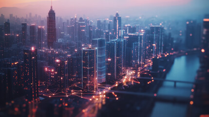 Obraz premium Smart digital Innovation city with connection network reciprocity over the twilight cityscape. of future smart wireless digital city and social media networking systems that connects people with city 