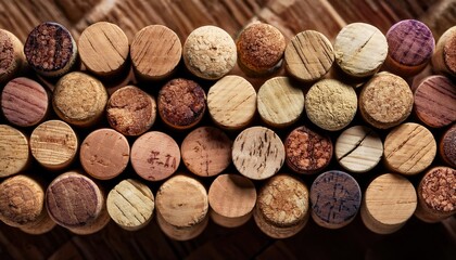 A seamless collection of varied wine corks laid out in a captivating pattern, each revealing unique textures and faint markings, perfect for those who appreciate wine culture and aesthetics