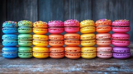 Rainbow macarons, wooden backdrop, dessert, bakery, food photography