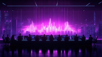 Silhouettes of people sitting in a control room facing a neon cityscape backdrop.