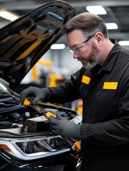 Mechanic inspecting car engine with tools in modern workshop, surrounded by equipment and light