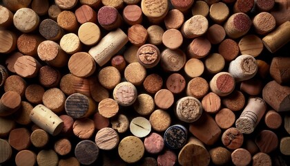 An eclectic collection of wine corks assembled haphazardly, blending branded and unbranded styles, celebrating the essence of wine culture and its pleasures in a rustic setting