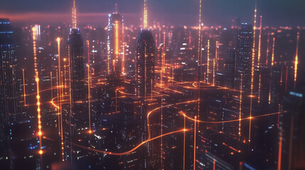 Fototapeta premium Smart digital Innovation city with connection network reciprocity over the twilight cityscape. of future smart wireless digital city and social media networking systems that connects people with city 