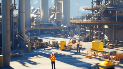 A team effort at an oil and gas facility, with an engineer and a factory worker managing industrial...