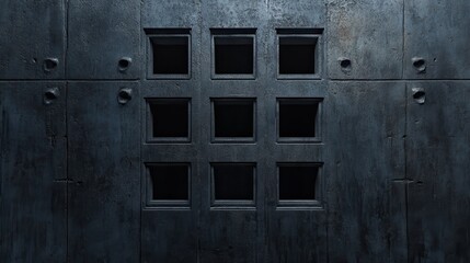 Abstract industrial design tunnel in dark shades concrete building with squared windows on top and...