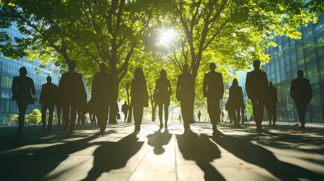 Silhouettes of business professionals blend with tree shadows, symbolizing eco-friendly practices and sustainability in the workplace. Perfect for green business concepts.