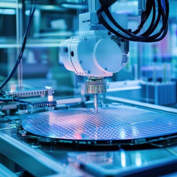 modern technology concept in robotic semiconductor manufacturing and computer chip production using silicon wafers and automated systems