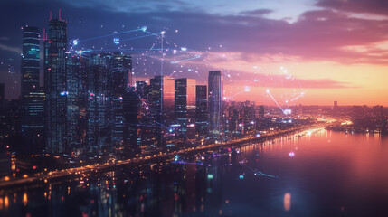 Fototapeta premium Smart digital Innovation city with connection network reciprocity over the twilight cityscape. of future smart wireless digital city and social media networking systems that connects people with city 