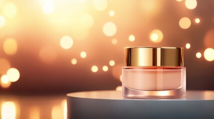 Elegant skincare cream jar on a softly lit table with a warm bokeh background, perfect for beauty promotions