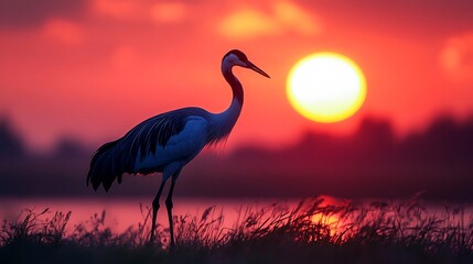 A silhouette of a crane walking gracefully at dawn with the rising sun behind