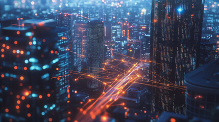 Fototapeta premium Smart digital Innovation city with connection network reciprocity over the twilight cityscape. of future smart wireless digital city and social media networking systems that connects people with city 