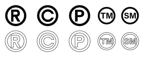 License and copyright icon, trademark, service mark, public domain, registered icons vector in fill and outline style illustration isolated on white background.