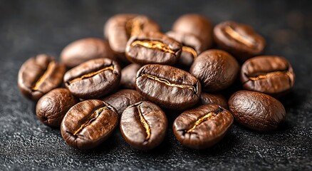 Dark background closeup of coffee beans in artistic product photography capturing rich aromatic essence in studio setting