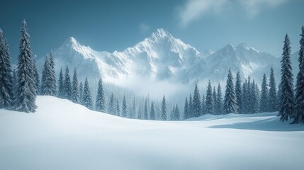 Snowy mountain range with a line of snow-covered pine trees in the foreground.